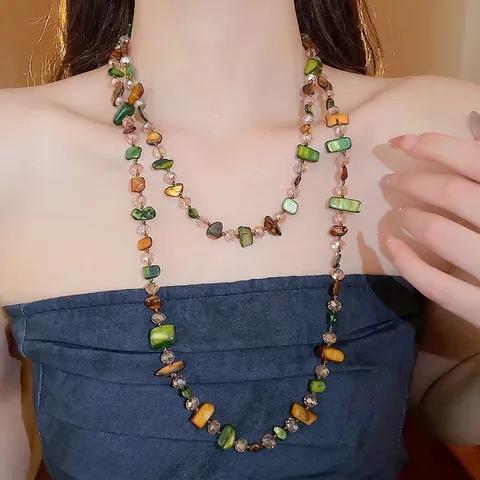 Collar Largo Capas Concha Irregular Cuentas Cristal Bohemio Estilo Bosque Natural Para Mujeres