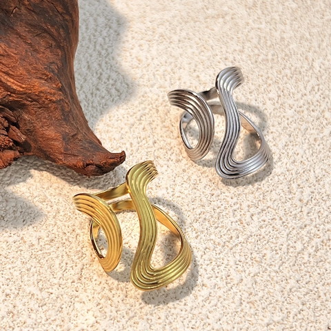 Unregelmäßiger Wellenring Edelstahl Offen Minimalistisch Parallel Texturiert Verstellbar Schmuck Damen Geschenk