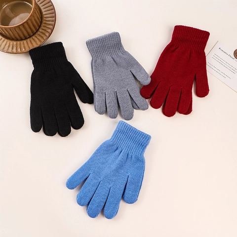 Autumn Winter Warm Knitted Gloves Solid Color Acrylic Brushed Lining Full Finger Stretch Gloves For Men Women Outdoor