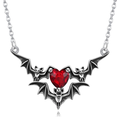 Gotische Fledermausflügel Herz Anhänger Halskette Antik Silber Legierung Roter Strass Punk Halloween Schmuck Für Damen