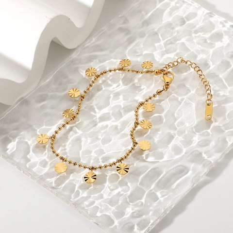 18K Verguld 316L Roestvrij Stalen Enkelbandje Voor Dames Zonnestraal Schijf Hanger Kralenketting Mode Strand Sieraden Cadeau