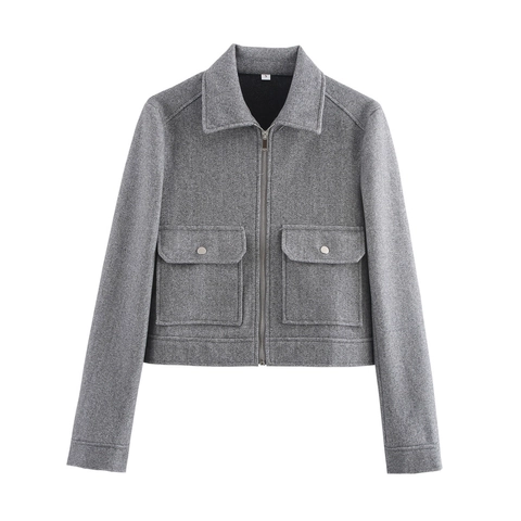 Women's Fashion Casual Short Tweed Jacket Solid Color Lapel Long Sleeve Zip Up Coat With Double Flap Pockets Fall Top