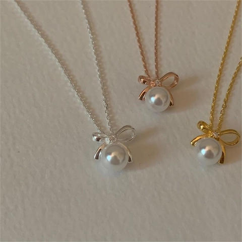 Elegante Collar De Perlas Artificiales Con Lazo Plata De Ley 925 Circonita Incrustada Joyería Minimalista Estilo Coreano