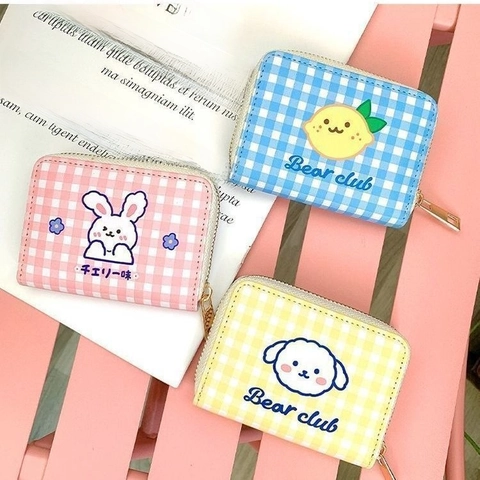 Kawaii Cartoon Card Holder PU Leather Checkerboard Plaid Large Capacity Zipper Wallet For Women Girls Students Cute