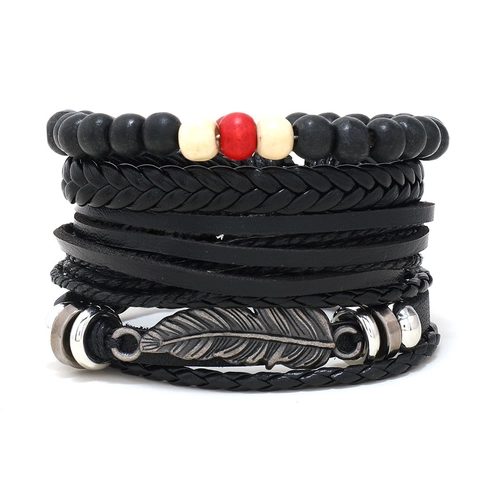 Set di Bracciali in Pelle PU e Pelle Bovina Intrecciata Multistrato Fatti a Mano per Uomo Ciondolo a Piuma in Lega di Metallo Perline di Legno Gioielli Punk