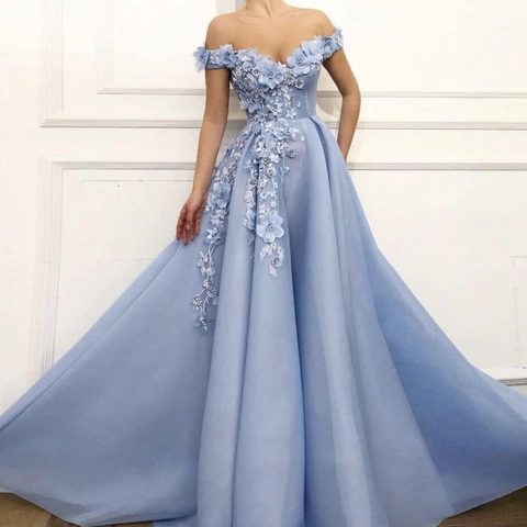 Elegantes Off Shoulder Abendkleid Mit 3D Blumen Applikation Sequin Mesh A-Linie Langes Ballkleid Für Damen Bankett Party