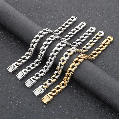 Pulsera De Cadena Cubana Para Hombre Acero Inoxidable Textura Tallada Retro Punk Hip Hop Joyería Hebilla Cuadrada