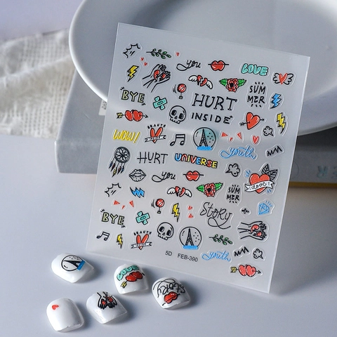 Adesivi Per Nail Art In Rilievo 5D Decalcomanie DIY Disegni Di Lettere Di Cuore Doodle Decorazione Manicure Per Donne