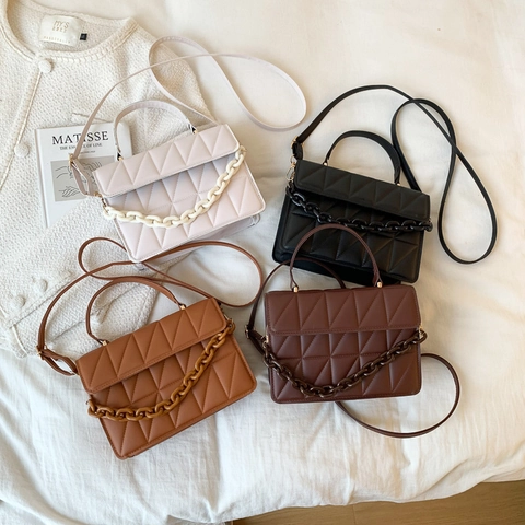 Bolso Bandolera Acolchado De Rombos Cuero PU Bolso De Mano De Moda Con Cadena Gruesa Asa Superior Cuadrado Para Mujer