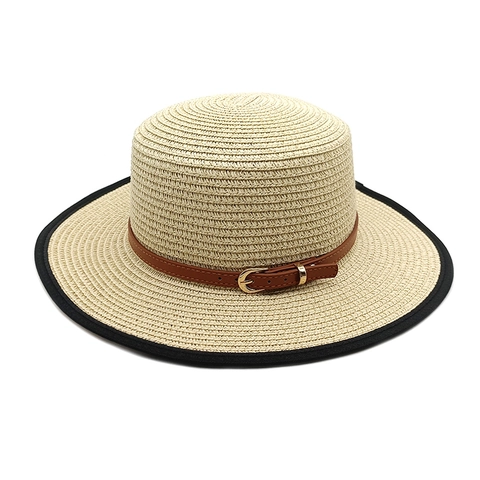 Cappello Di Paglia Boater Corona Piatta Protezione Solare Spiaggia Vacanze Estive Moda Donna Con Cintura Pelle Fibbia Metallo