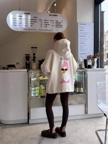 Women Oversized Cotton Hooded Sweatshirt Long Sleeve Cartoon Duck Slogan Print Dropped Shoulder Streetwear Casual Hoodie