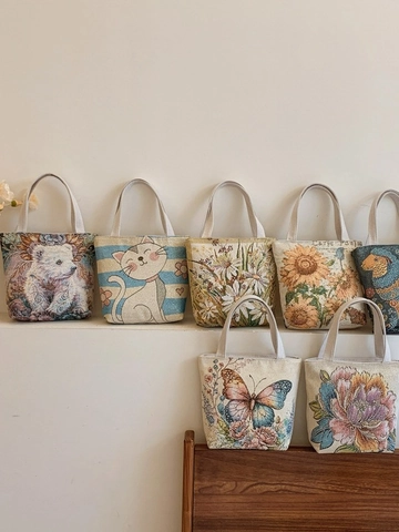 Sac À Main Fourre-tout En Toile Jacquard Ethnique Rétro Pour Femmes Broderie Papillon Tournesol Petit Sac En Tissu Avec Fermeture Éclair