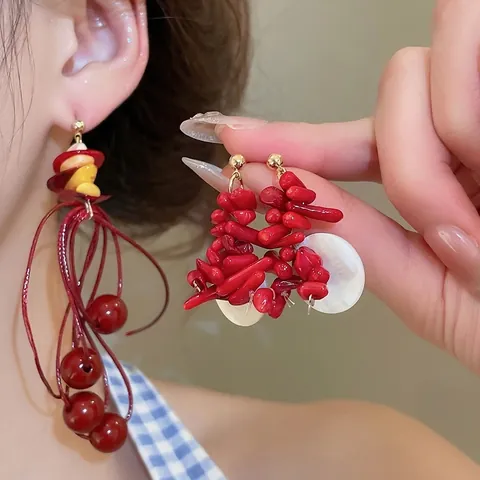 Orecchini Bohemieni Con Nappe E Silver Earring Post Perline Corallo Rosso Decorazioni Conchiglia Per Vacanze Mare Donna