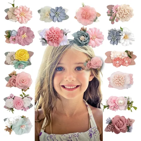 Handmade Artificial Flower Hair Clips Fabric Chiffon Floral Side Pin For Toddler Kids Baby Girls Wedding Party Accessories