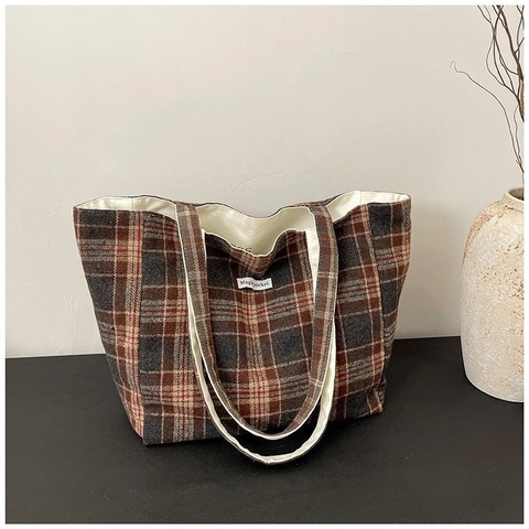 Canvas Plaid Tote Bag Damen Große Kapazität Wendbare Schulterhandtasche Lässig Retro Briefdruck