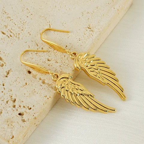 Engel Flügel Feder Haken Ohrringe 18K Vergoldet Edelstahl Elegant Hängend Schmuck Für Damen Modisch Accessoire