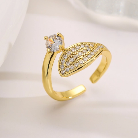 Elegant Copper Open Adjustable Ring For Women 18K Gold Plated Cubic Zirconia Butterfly Leaf Geometric Design