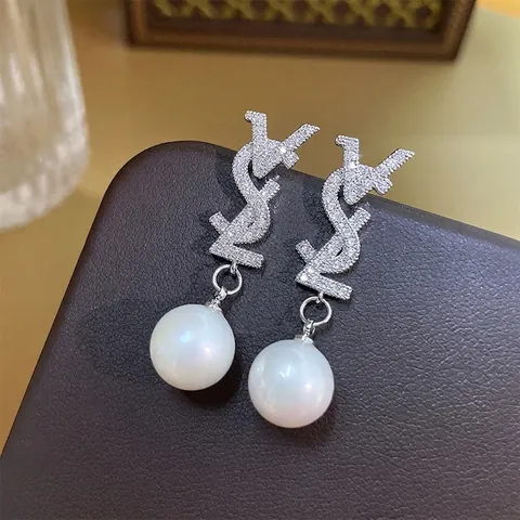 Letter Zircon Artificial Pearl Drop Earrings With 925 Sterling Silver Earring Post Elegant Fashion Jewelry For Women Luxury Style