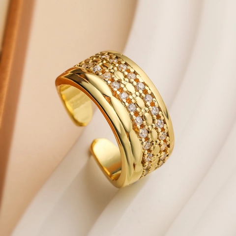 Luxus Kupfer Gold Plattiert Strass Geometrische Offene Ringe Für Damen Verstellbar Unregelmäßig Eingelegt Mode Schmuck