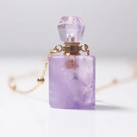 Natural Amethyst Perfume Bottle Pendant Necklace 18K Gold Plated Copper Essential Oil Diffuser Jewelry For Women