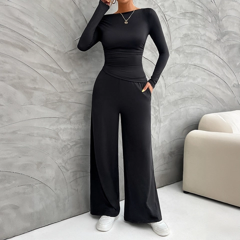 One Shoulder Long Sleeve Top And High Waisted Wide Leg Pants Women Viscose Elastane Pleated Slim Fit Elegant Apparel