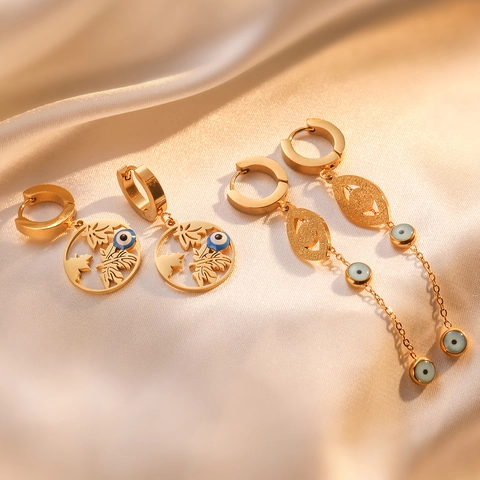 Evil Eye Roestvrijstalen Oorbellen Voor Dames Verguld Hol Blad Hanger Ring Sieraden Modeaccessoires