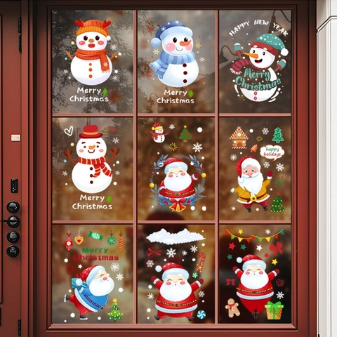 Christmas Window Stickers Static Cling Pvc Reusable Santa Snowman Double Sided Holiday Home Glass Decor Cartoon Festive