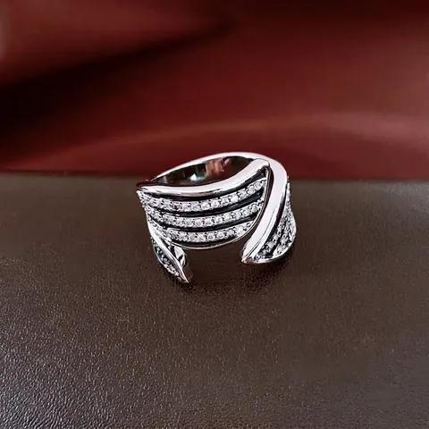 Vintage Breit Gestreifter Offener Ring Für Damen Kupfer Zirkonia Luxus Flügel Verstellbarer Fingerschmuck