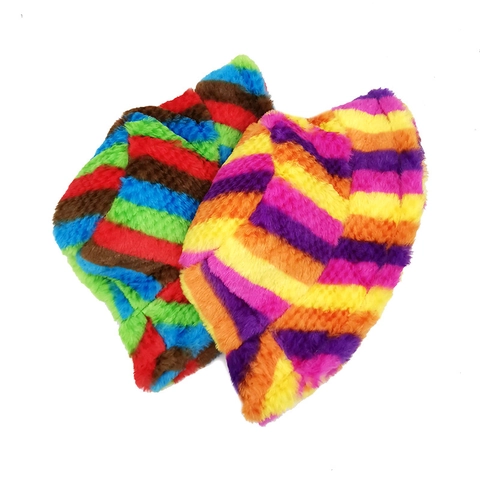 Cappello Alla Pescatora In Pelliccia Sintetica A Righe Arcobaleno Caldo Peluche Colorato Invernale Da Donna Regolabile