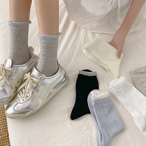 Damen Mittelhohe Socken Baumwolle Schleife Rüschensaum Japanischer Süßer Stil Atmungsaktiv Weich Elastisch Crew Socken