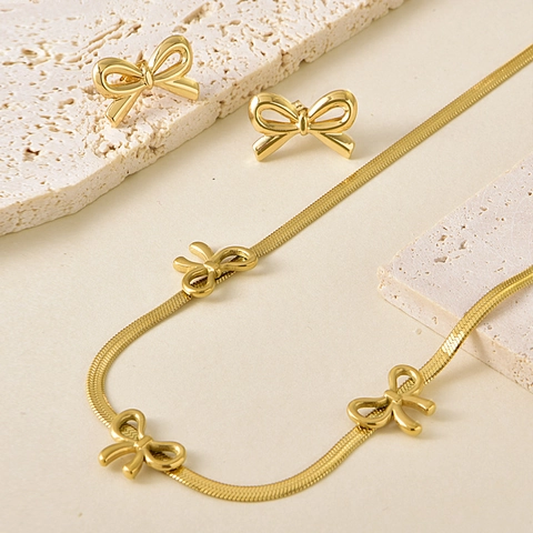 Set di Gioielli con Fiocco in Acciaio Inossidabile per Donna Set di Orecchini a Bottone con Collana a Catena a Osso di Serpente Oro Argento