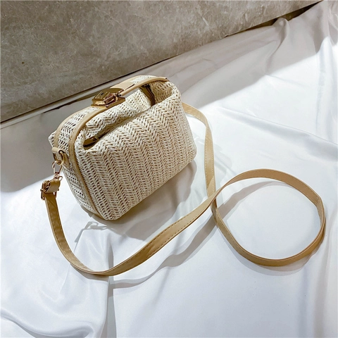 Women Straw Crossbody Bag Mini Square Handbag Summer Beach Shoulder Bag With PU Leather Splicing And Gold Metal Lock