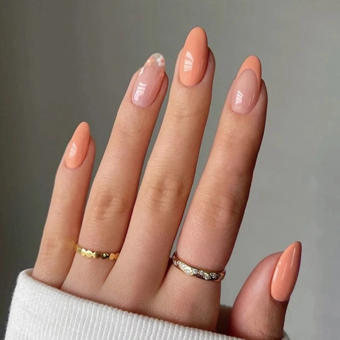French Tip Aufklebbare Nägel Rosa Weiße Blume Design Glänzende Mandelform Künstliche Nägel Inklusive Kleber Für Damen