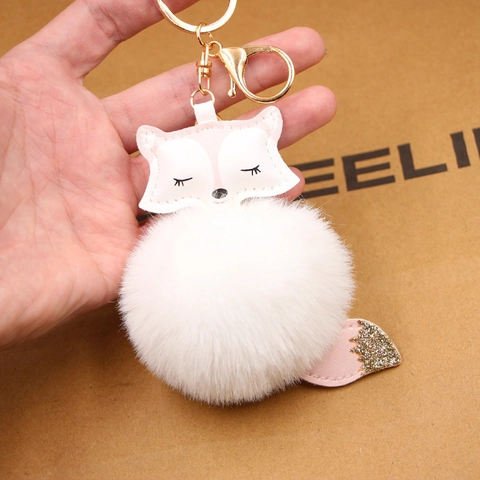 Fox Pom Pom Keychain Faux Fur PU Leather Cartoon Animal Decorative Bag Charm Pendant Golden Metal Key Ring For Women Girls