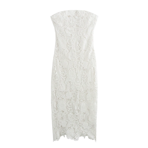 Elegant White Lace Strapless Midi Dress Sleeveless Slim Fit High Waist French Style Formal Cocktail Party For Women
