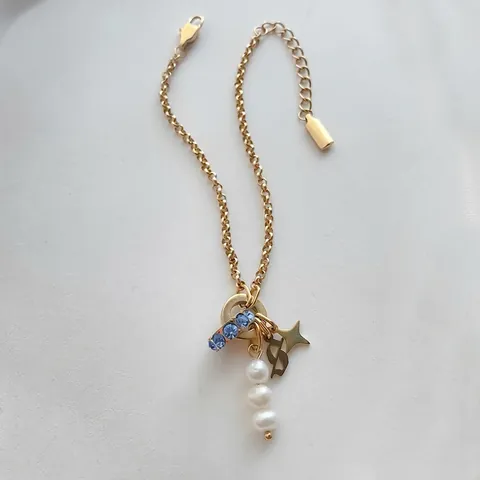 Bracelet en Acier Inoxydable Avec Étoile Lettre Perle Artificielle Strass Bleu Pendentifs Plaqué Or 14K Bijoux de Mode Femme