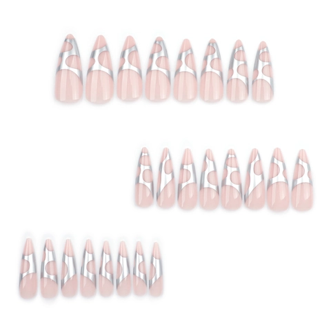 Unghie Finte Press On Lunghe Stiletto Strisce Argento Metallico Irregolari Rosa Nude Per Donne