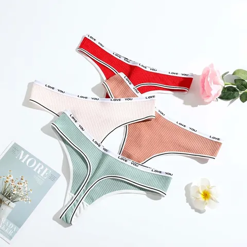 String En Coton Côtelé Pour Femmes Taille Basse Culotte Respirante Imprimé Lettres G-String