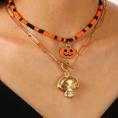Halloween Perlen Halskette Und Armband Legierung Kürbis Totenkopf Fledermaus Anhänger Orange Schwarze Perlen Gotischer Schmuck