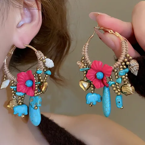 Orecchini A Cerchio Boho Etnici Con Perno In Argento Corda Intrecciata Fiore Elefante Pietra Per Donna