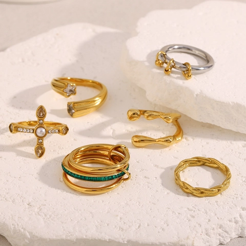 Stainless Steel Rings For Women 18K Gold Plated Cross Star Zircon Artificial Pearl Woven Multi Layer Fashion Jewelry