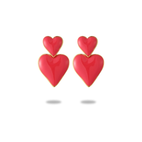 Boucles D'oreilles Pendantes Double Cœur En Acier Inoxydable Plaqué Or Émail Pour Femmes