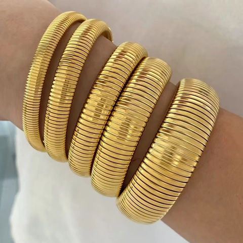 Brazalete Tubogas De Acero Inoxidable Resorte Elástico Textura De Hueso De Serpiente Pulsera Ancha Retro Para Mujer