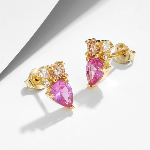 Geometric 925 Sterling Silver Water Drop Rhinestone Stud Earrings For Women Colorful Crystal Light Luxury Jewelry Gift