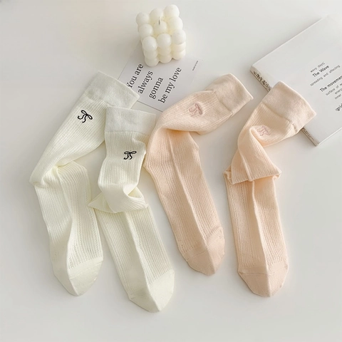 Damen Baumwolle Crew Socken Atmungsaktiv Mesh Schleife Stickerei Gerippt Slouch Socken Balletcore Süß JK Mode