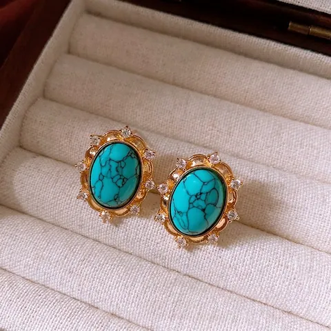 Pendientes De Botón Ovalados Vintage Con Turquesa Sintética Circonita Y Poste De Plata De Ley 925 Joyería Retro Para Mujer