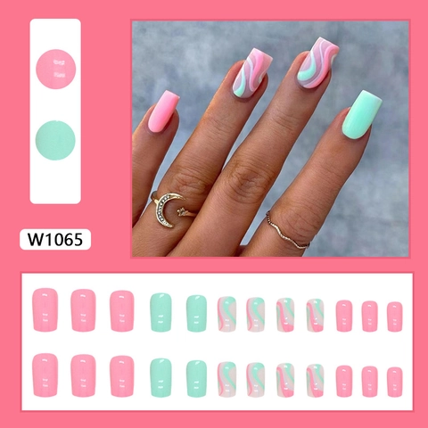 Pink Green Wavy Pattern Press On Nails Square Medium Length Sweet Fresh Dopamine Style Artificial Fake Nails