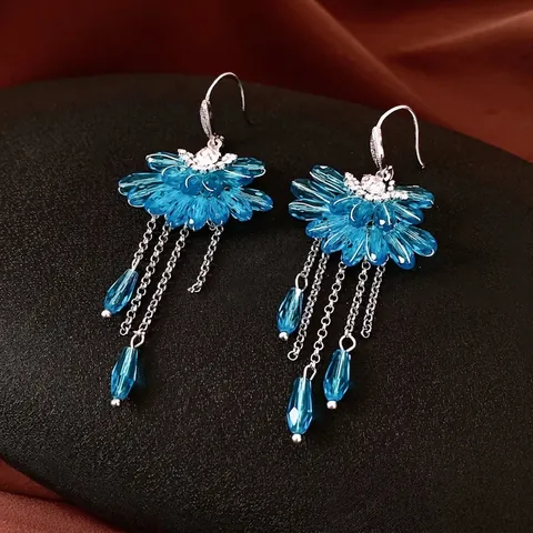 Boucles D'oreilles Bohèmes En Cristal À Pampilles En Forme D'éventail Avec Base En Cuivre Zircon Cluster De Fleurs Franges