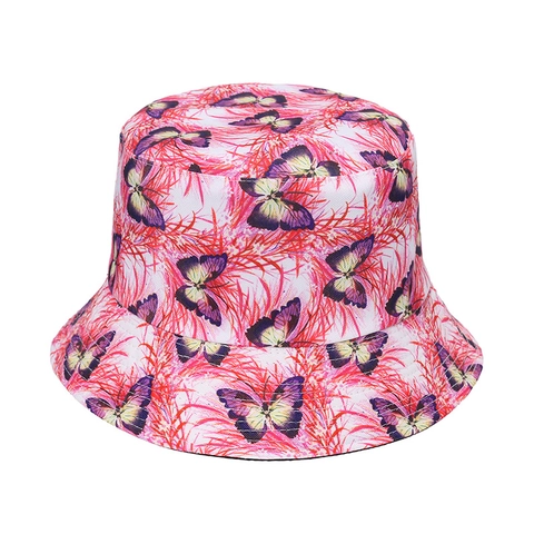 Fashion Butterfly Print Bucket Hat Polyester Reversible Summer Outdoor Sunshade Beach Fisherman Cap Women Men