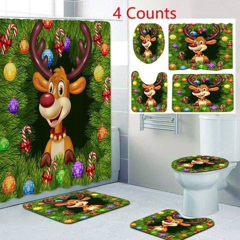 Christmas Reindeer Santa Claus Waterproof Polyester Shower Curtain And Non-Slip Bath Mat Bathroom Decoration Holiday Theme